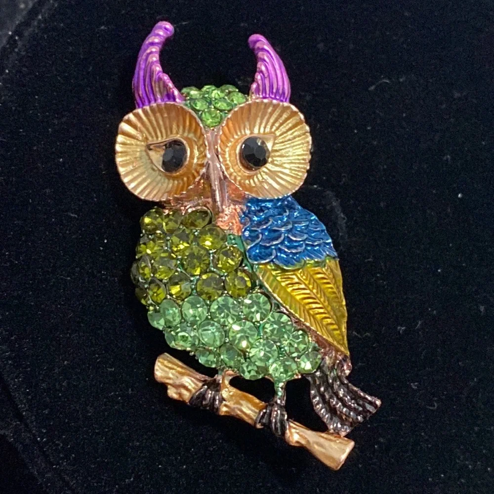 Multicolored Rhinestones Horned Owl Brooch